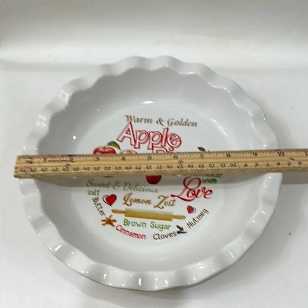 Apple Pie Ceramic Pie Dish 10 X 1 1/2 Inches Warm Golden White Red Fruit